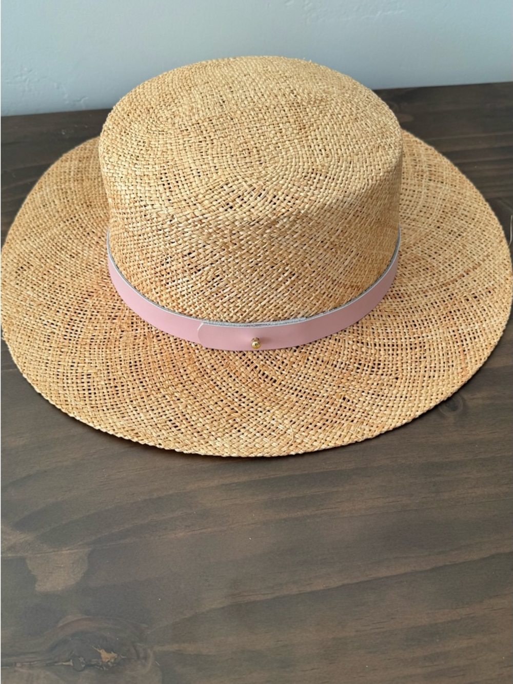 Woven Straw Sun Hat with Blush Leather Band. - Picture 5 of 13